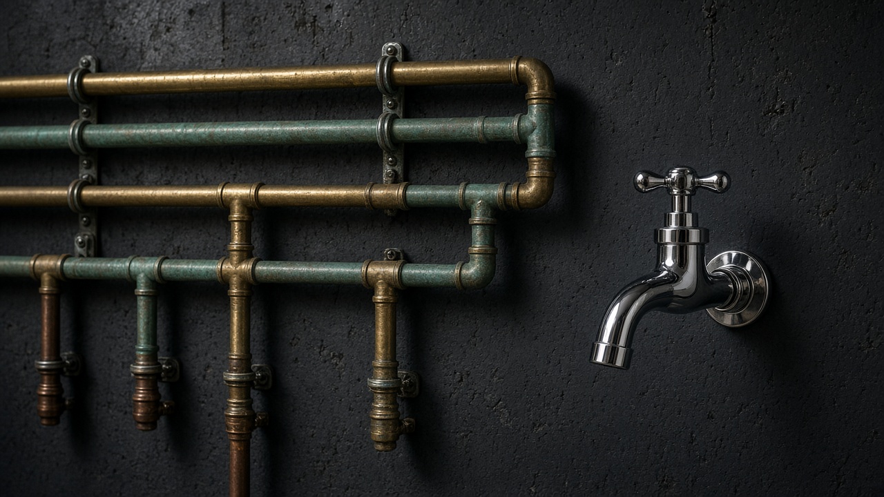 Dark utility wall with brass and green pipe routes and a clean fixture
